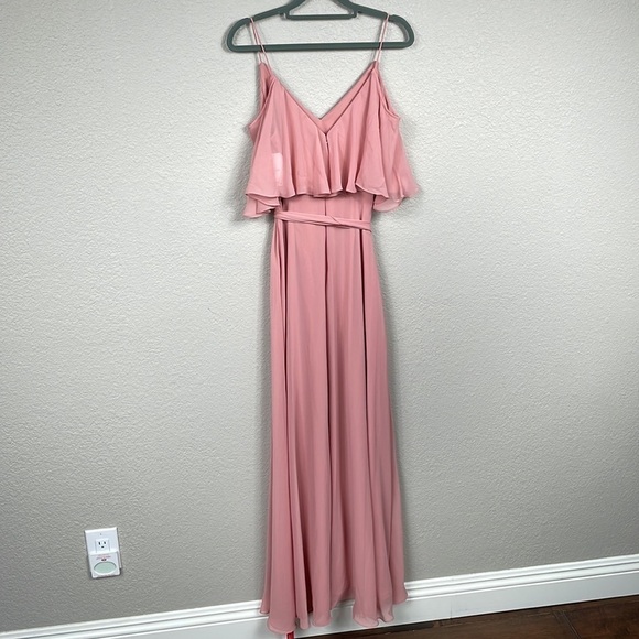 NWT Jenny Packham Ruffled Cold Shoulder Maxi Dress Flounce Overlay Desert Rose 4 - Picture 4 of 11